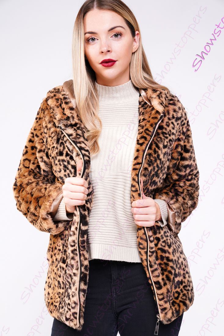 Womens Faux Fur Coat Luxurious Hood Leopard Jacket Size 8 10 12 14 - Picture 2 of 6