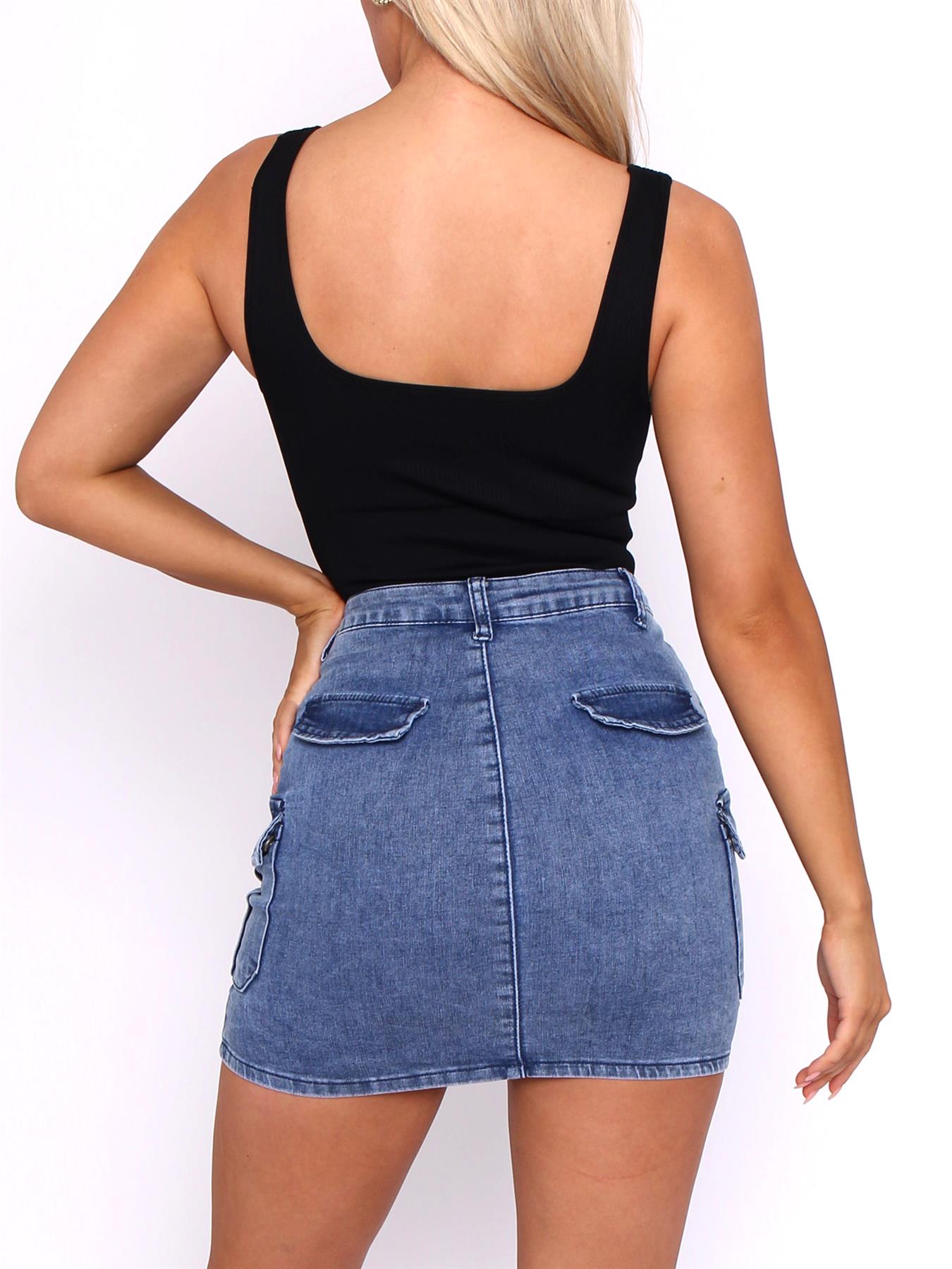 Womens Denim Skirt Mid Blue Cargo Mini Length Skirts Size 6 8 10 12 14 - Picture 8 of 8