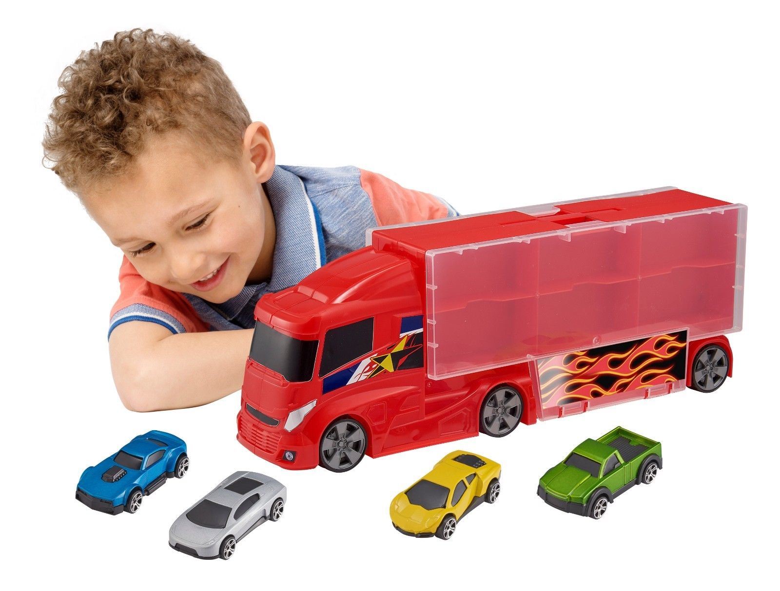 Teamsterz Car Transporter Truck Lorry With 4 Cars in Cary Case Vehicle