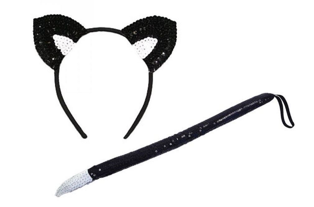 HALLOWEEN CAT SEQUIN TAIL /& CAT SEQUIN EARS ON HEADBAND FANCY DRESS ACCESSORY