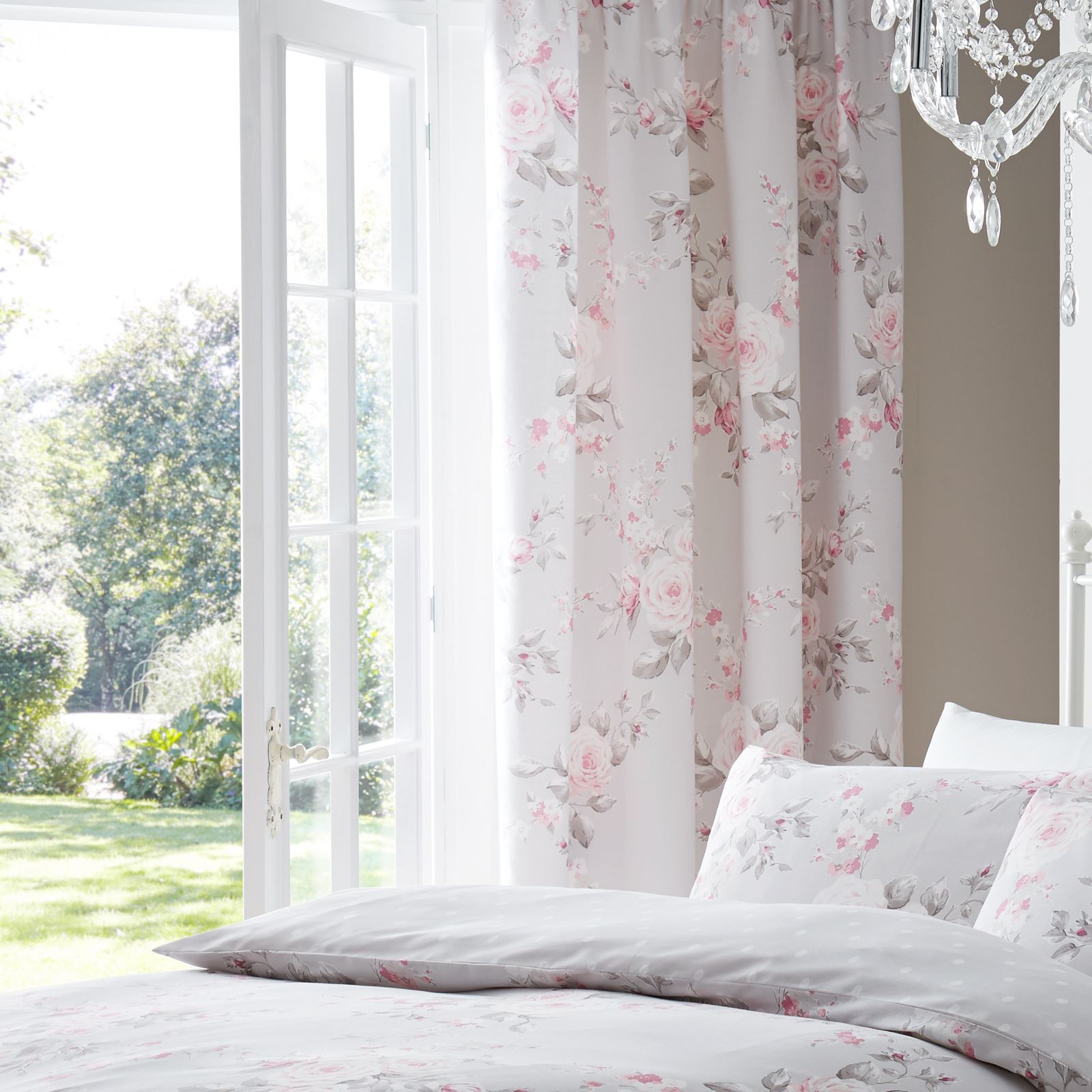 Canterbury Floral Grey Pink Rose 66x72 Lined Pencil Pleat Ready Made