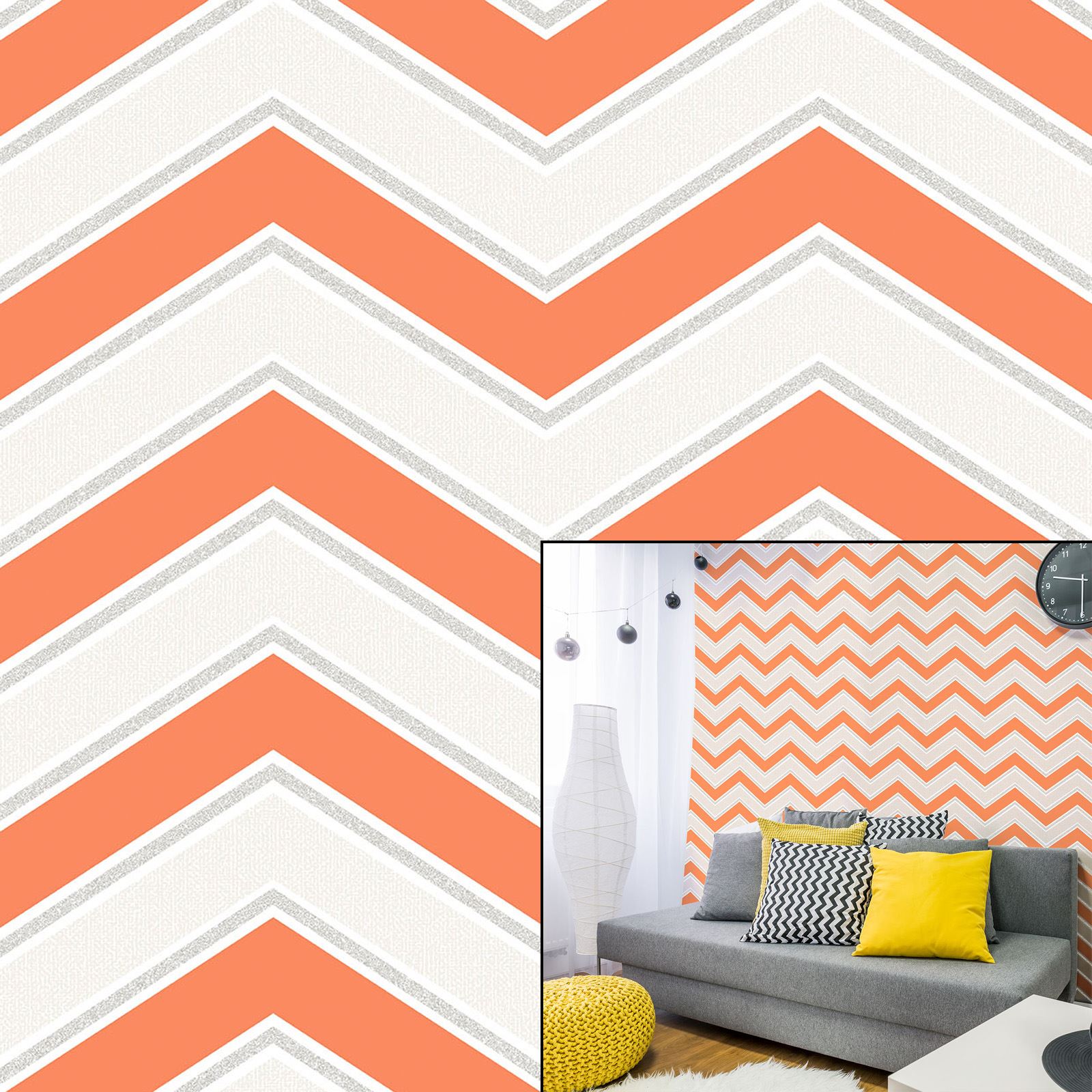 Coloroll Chevron Orange Grey White Geometric Zig Zag Glitter Feature