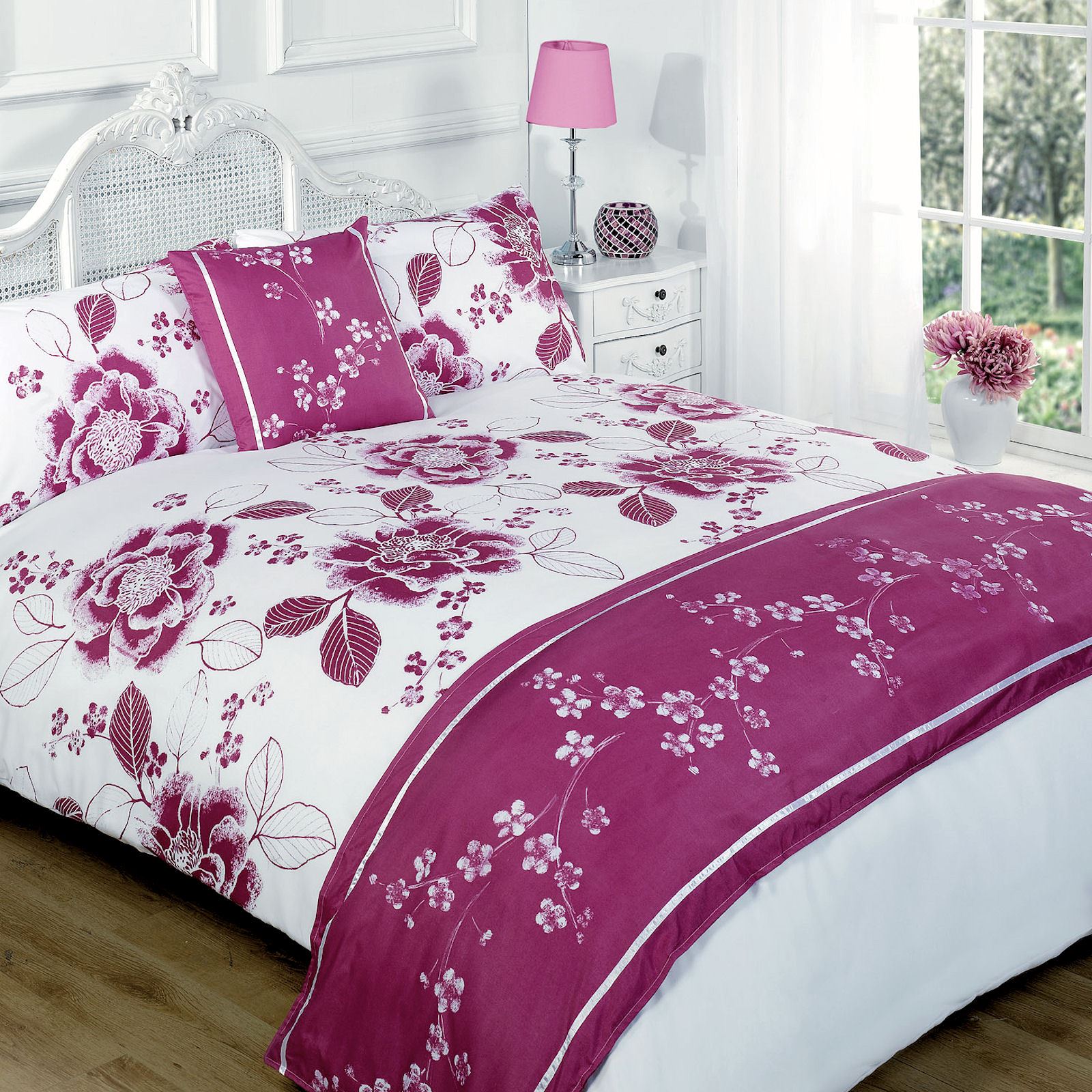 Bloom Purple Floral Dark Pink Duvet Quilt Set Bed in a Bag Cushion