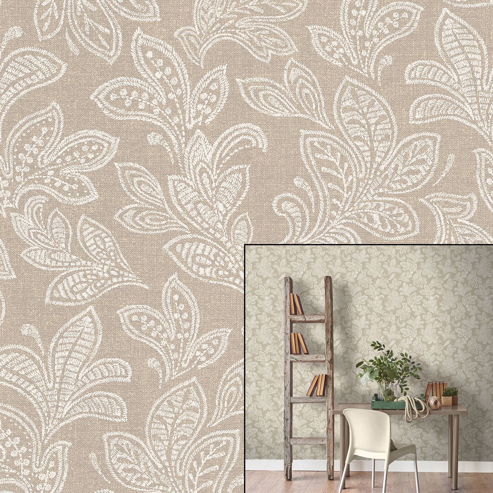 Crown Calico Leaf Paisley Hessian Brown Beige Paste The Wall Feature