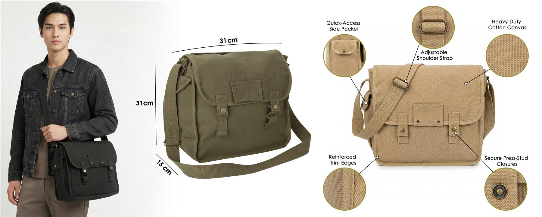 Borsa A Tracolla Mimetica Vintage Addiction – Tela E Pelle, Regolabile, 12x9x2 Pollici