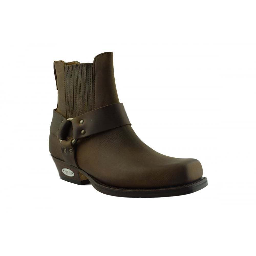 Loblan 096 Brown Leather Cowboy Ankle Boots Biker Western Square Chisel