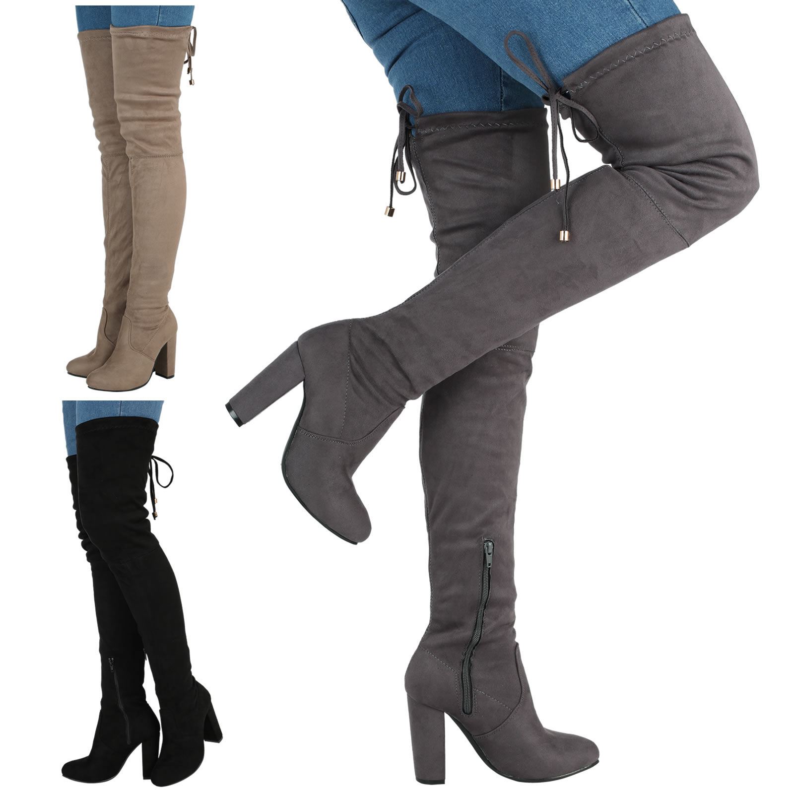 NEW WOMENS LADIES OVER THE KNEE THIGH BOOTS HIGH BLOCK HEEL BACK TIE UP BOOTS eBay