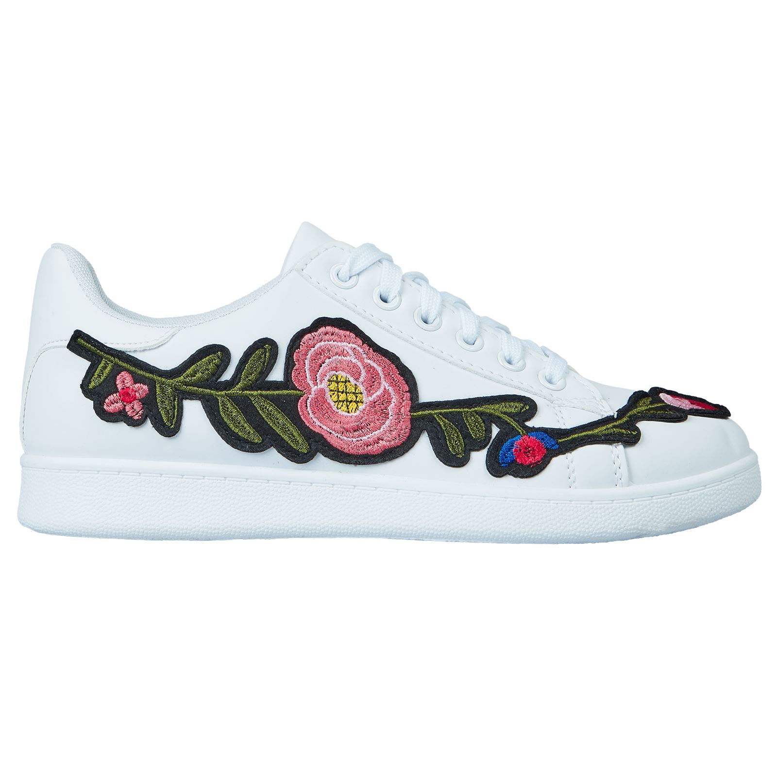 Flora Womens Flats Lace Up Low Top Pumps Ladies Floral Patch Trainers Shoes Size - Picture 7 of 13