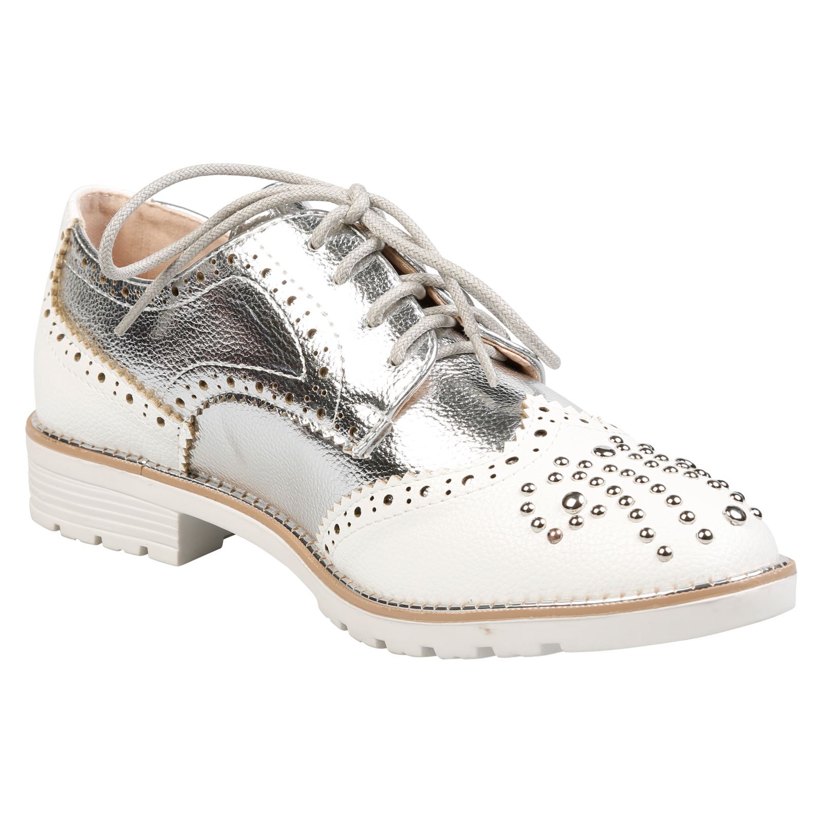 WOMENS SHOES LADIES OXFORDS BROGUES LOAFERS STUDDED TWO TONE FLATS LACE UP STYLE eBay
