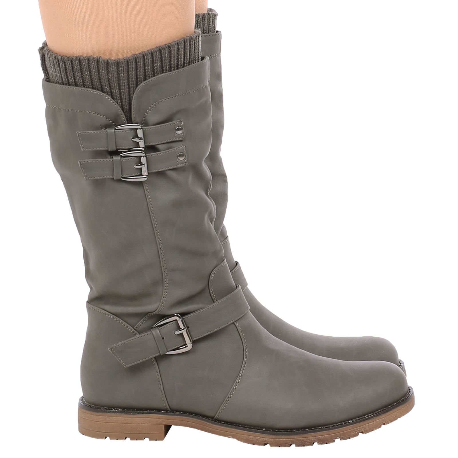 Natalia Womens Low Heel Buckle Zip Up Biker Sock Boots