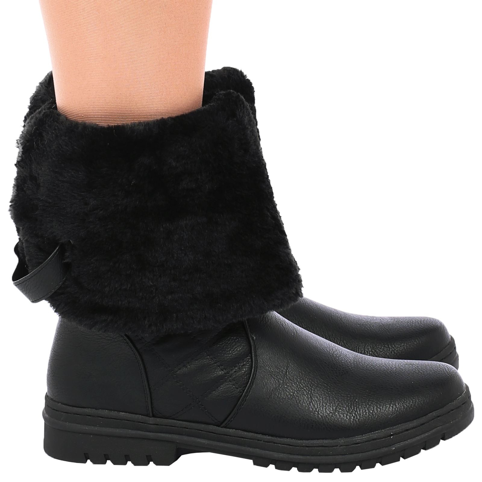 D6Z Womens Ladies Quilted Faux Fur Lined Thick Sole Mid Calf Boots