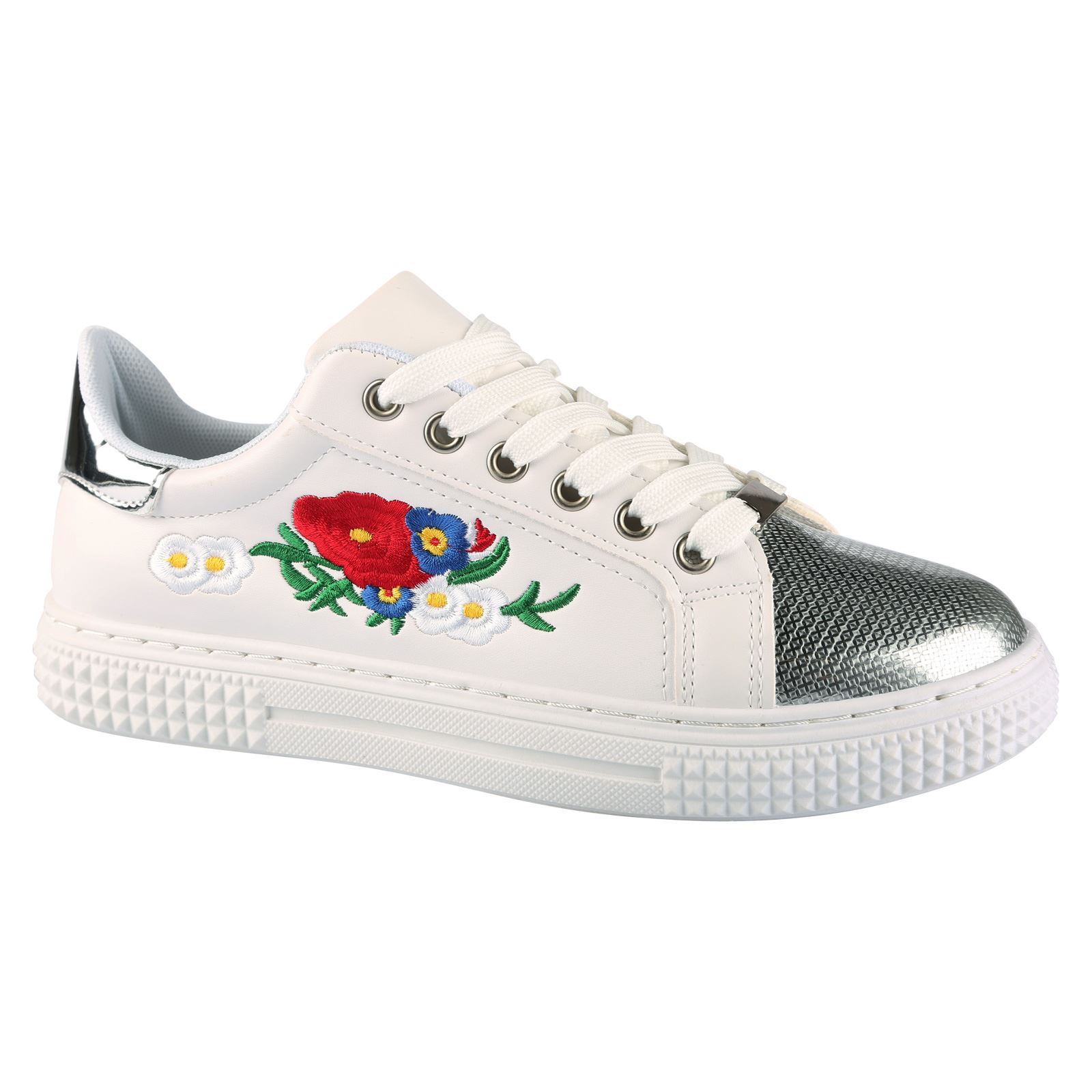 Tulip Womens Flats Lace Up Floral Embroidered Ladies Trainers Pumps