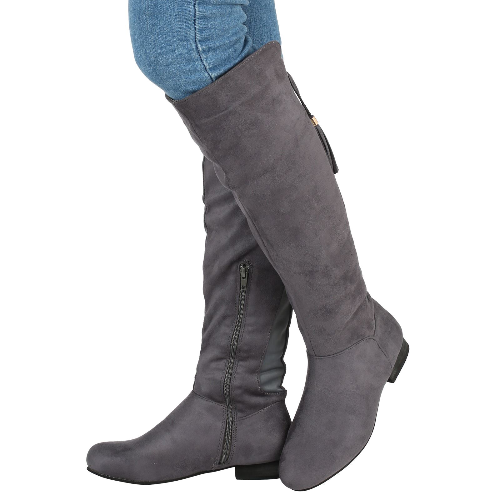 WOMENS BOOTS LADIES KNEE HIGH STRETCH FLAT ELASTICATED TASSEL TIE SHOES