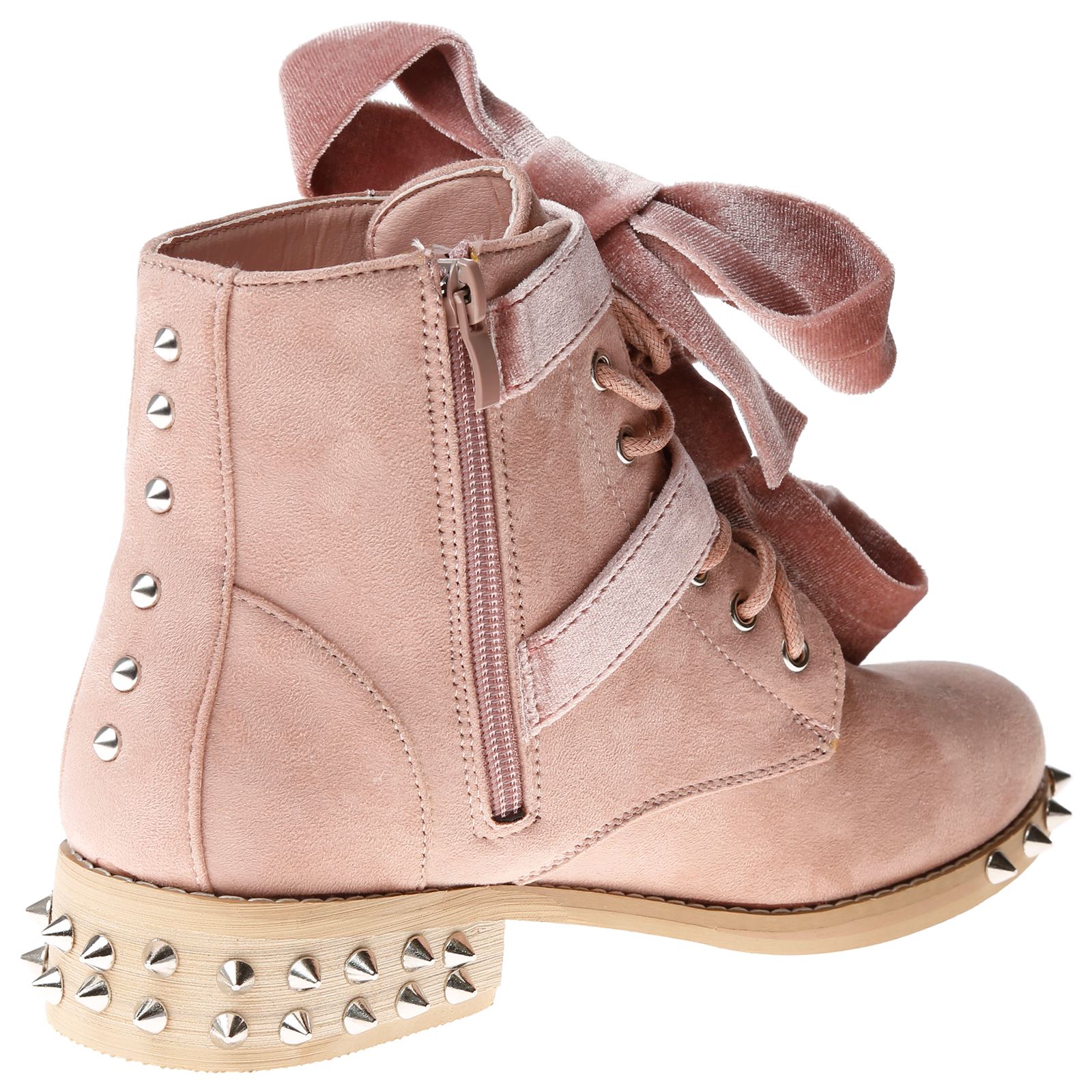 WOMENS SHOES LADIES BIKER BOOTS ANKLE VELVET BOW RIBBON BUCKLE LACE UP