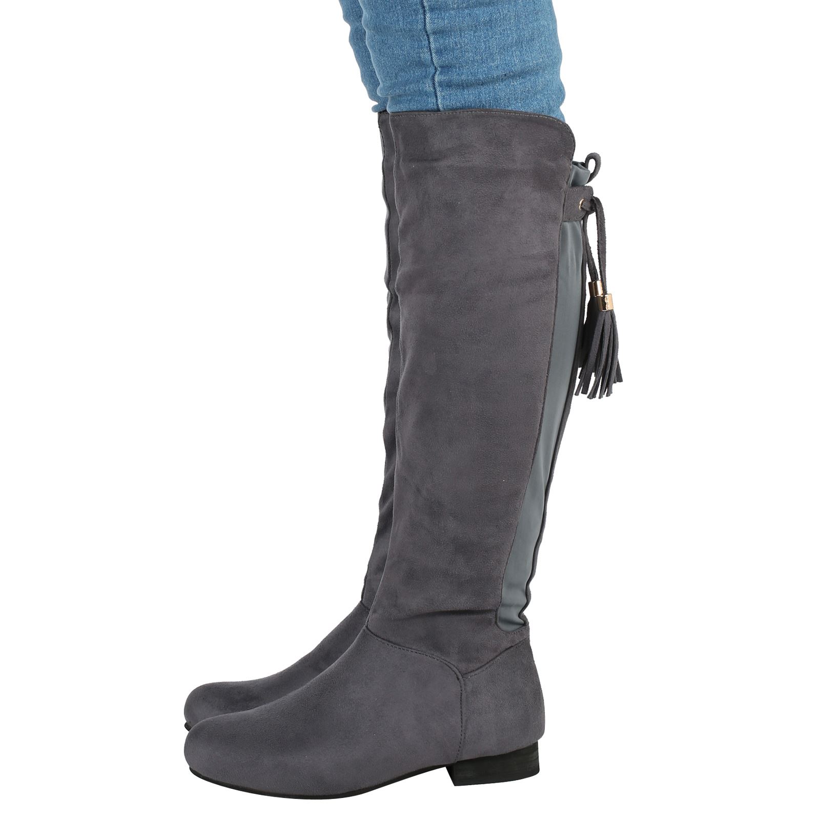 WOMENS BOOTS LADIES KNEE HIGH STRETCH FLAT ELASTICATED TASSEL TIE SHOES