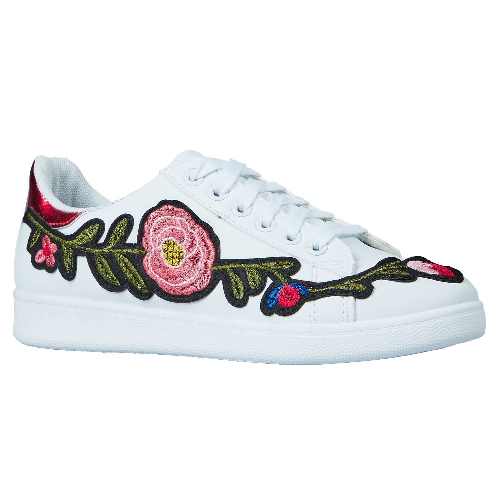 Flora Womens Flats Lace Up Low Top Pumps Ladies Floral Patch Trainers Shoes Size - Picture 10 of 13
