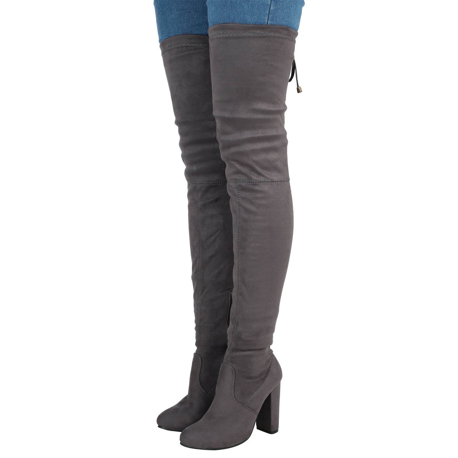 NEW WOMENS LADIES OVER THE KNEE THIGH BOOTS HIGH BLOCK HEEL BACK TIE UP