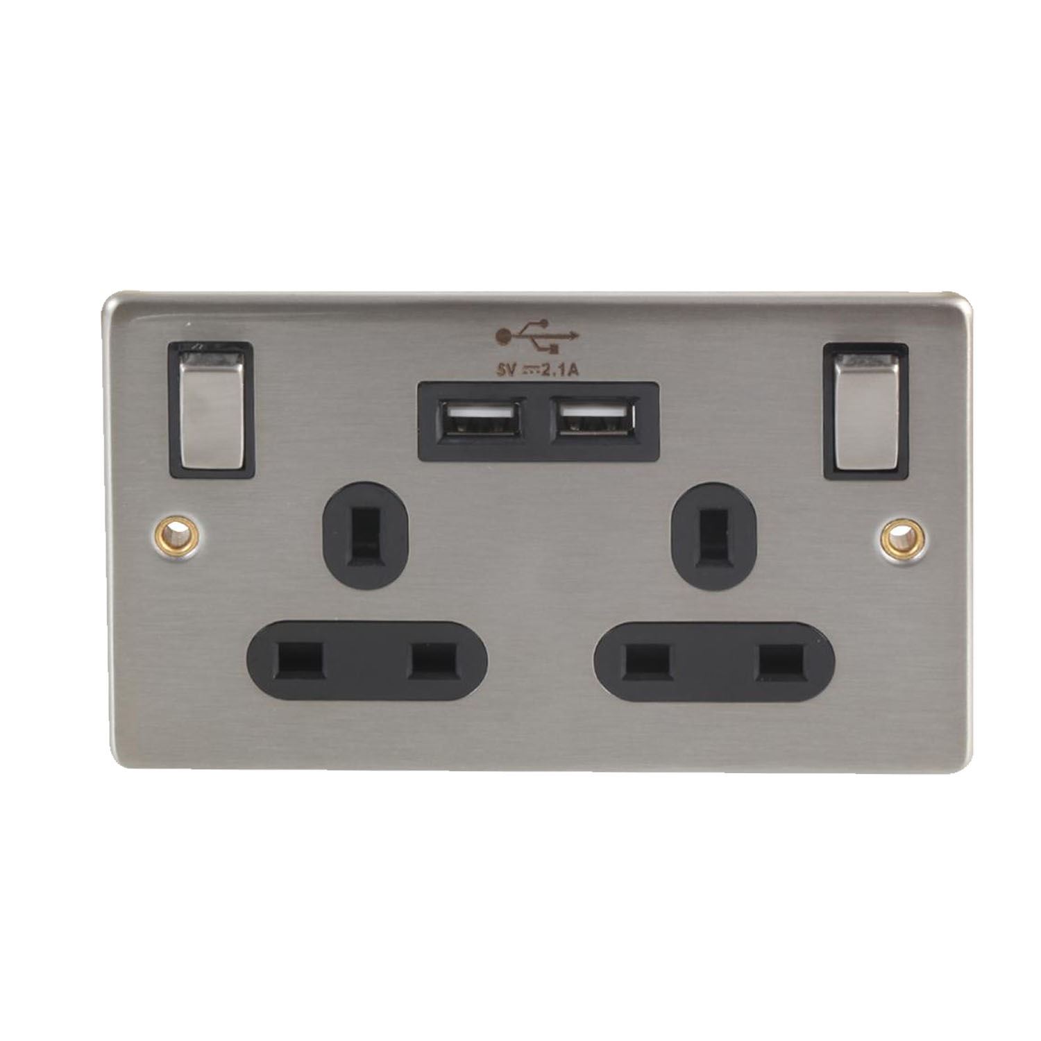 Stainless Steel Double Wall Plug Socket 2 Gang 13A with 2 USB Port