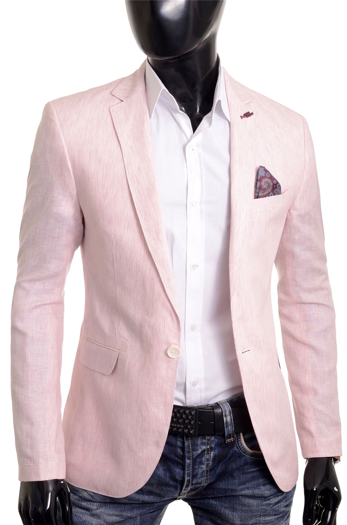 Cipo & Baxx Men's Linen Blazer Jacket Casual Formal Striped Pink Elbow