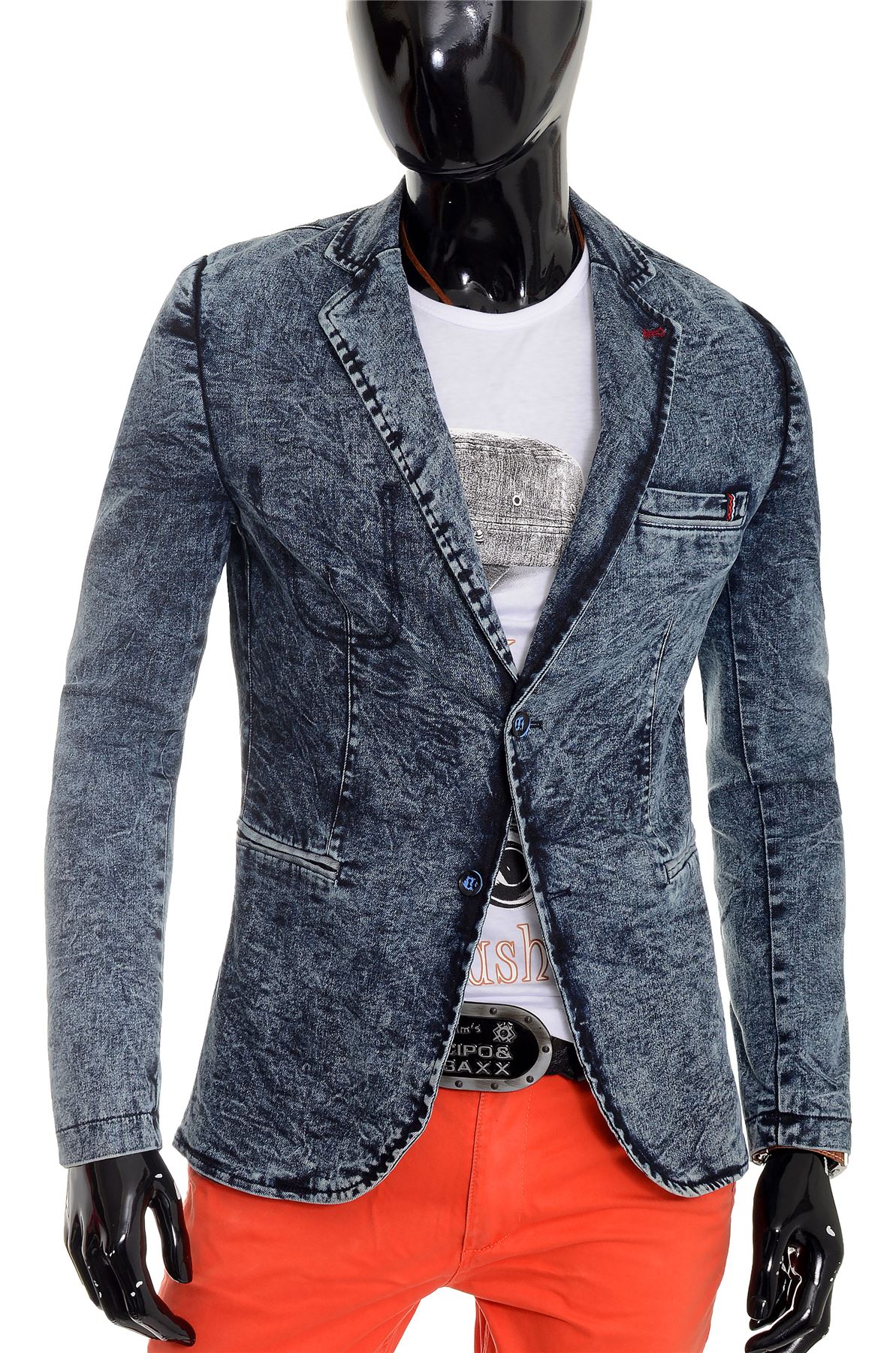 Marble Denim Dark Soft Slim Blazer Men's Jacket Fit Vintage Cotton Print Blue gq0wHU7d