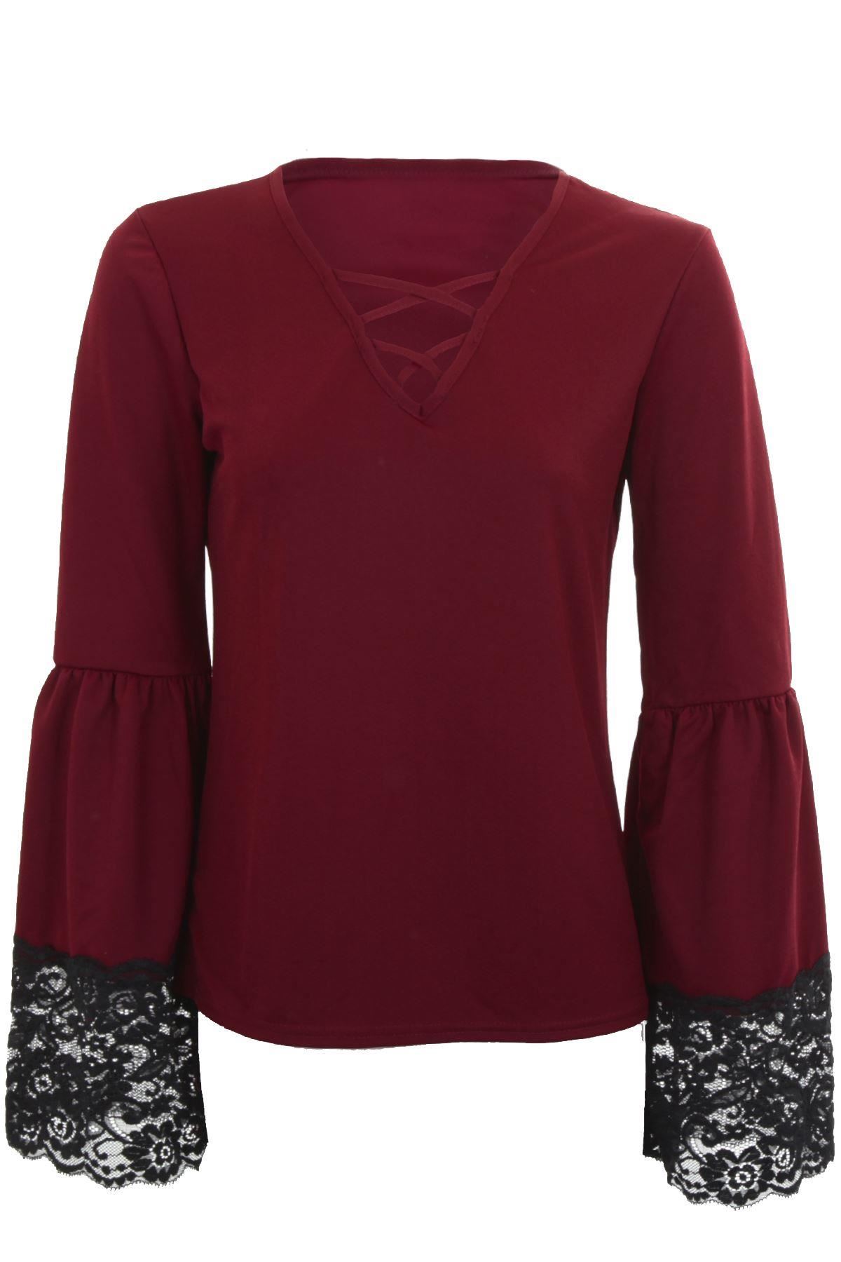 Bell Sleeve Lace Trim Criss Cross V Neck Crepe bell sleeve lace trim criss cross v neck crepe