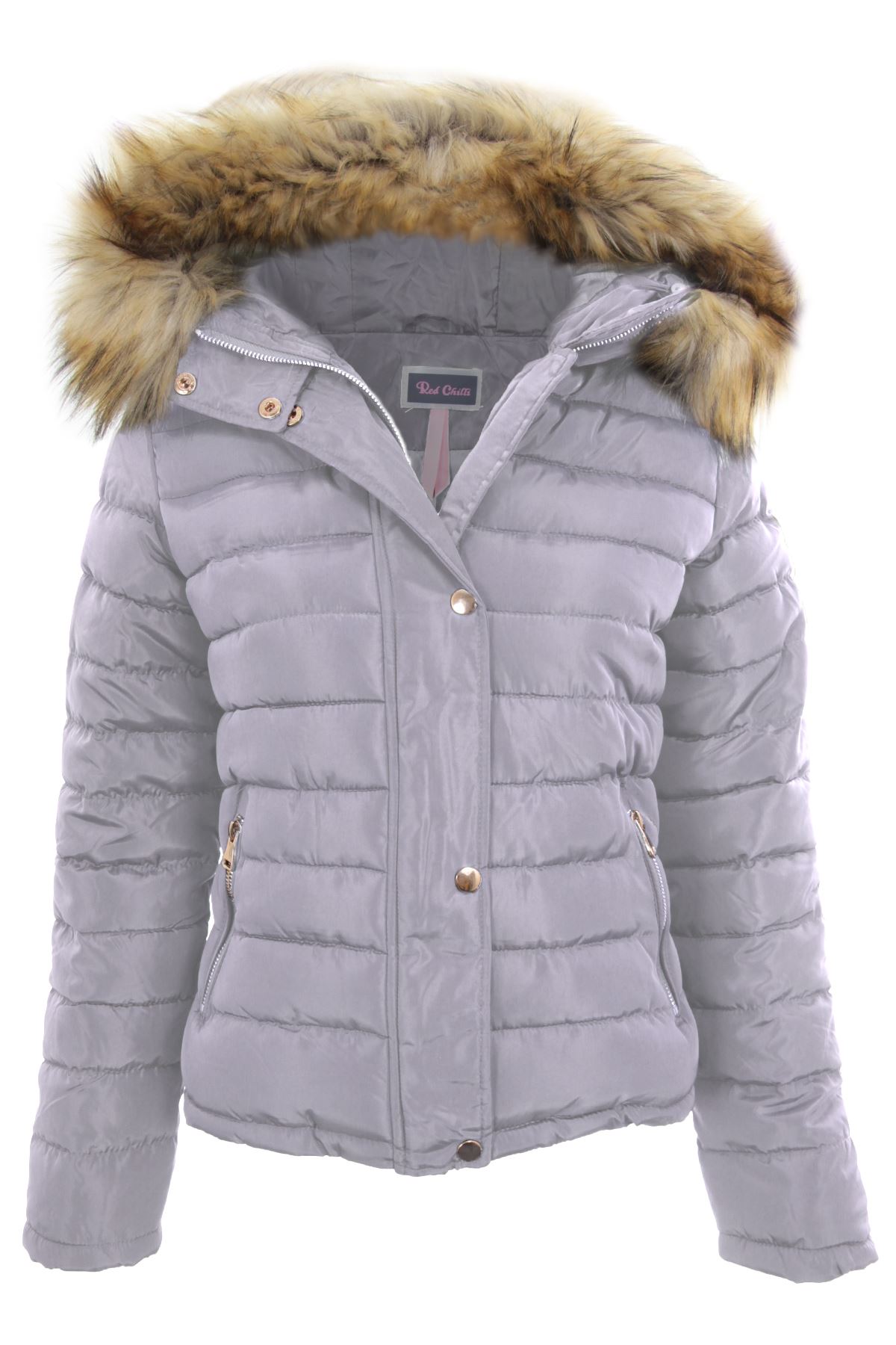 Ladies Detachable Fur Lined Hood Padded Puffer Jacket Zipper Popper