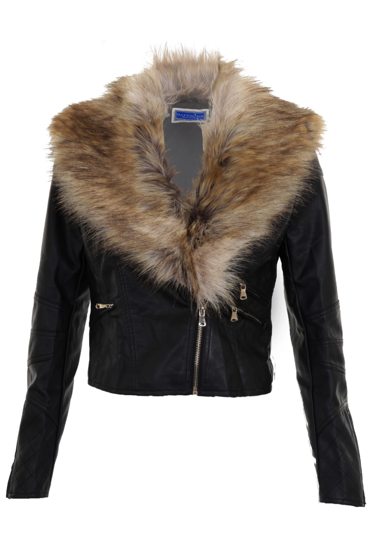 Ladies Detachable Faux Fur Collar Women's Crop Synthetic Leather Biker ...