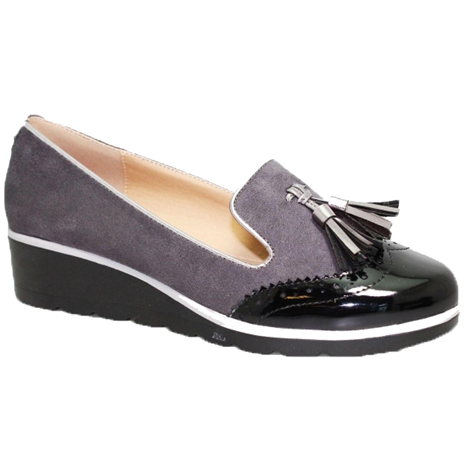 FLC136 Karina Patent Faux Suede Brogue Loafer Wedged Slip On Pumps Shoes