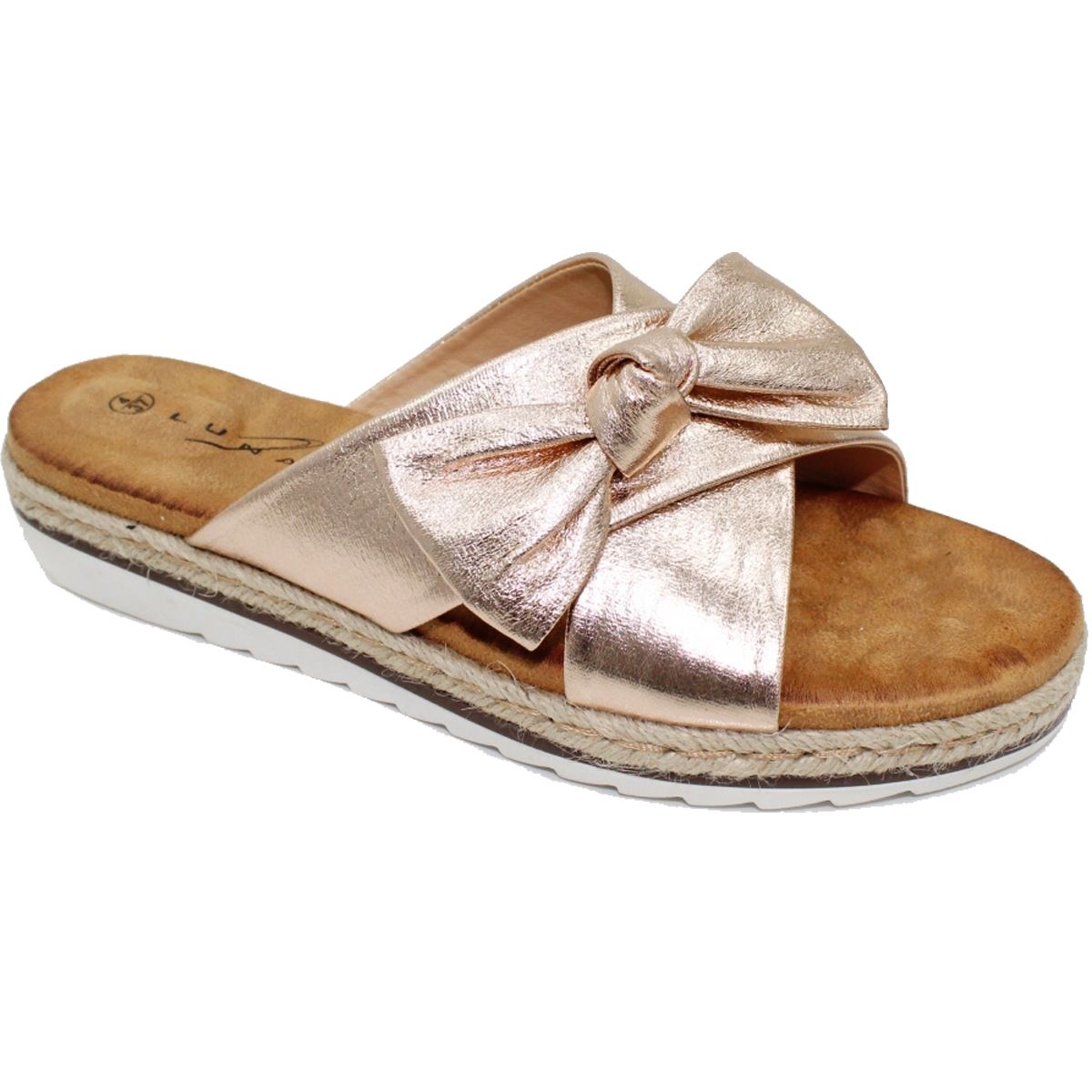 JLH018 Rico Double Sangle Nœud métallisé en cuir synthétique rembourré à Enfiler Sandales