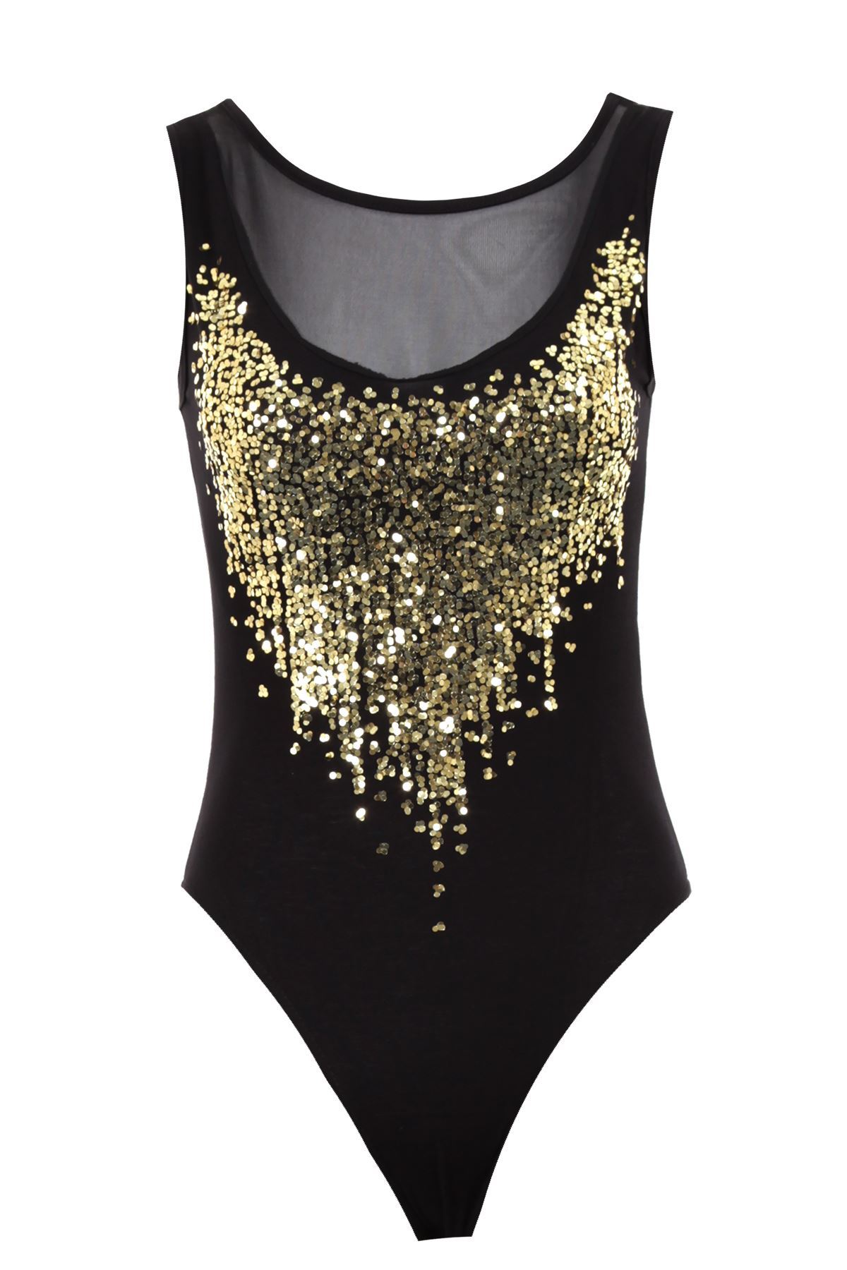Women's Sheer Gold Mesh Sequin Low Back Insert Ladies Leotard Bodysuit Top
