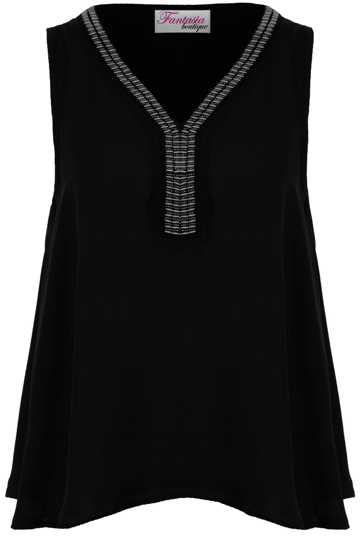 Ladies Sleeveless Beaded Trim V Neck Semi Sheer Oversized Blouse Vest