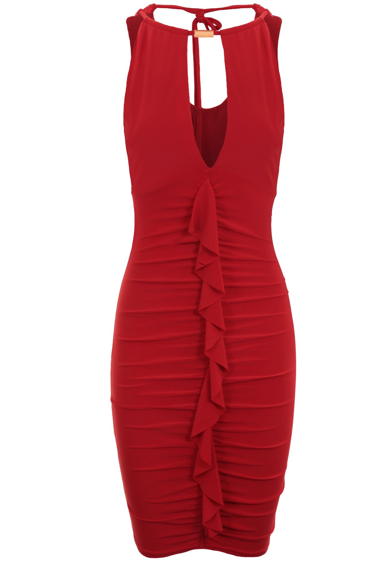 Ladies Sleeveless Halter Choker V Neck Plunge Ruffle Frill Slinky