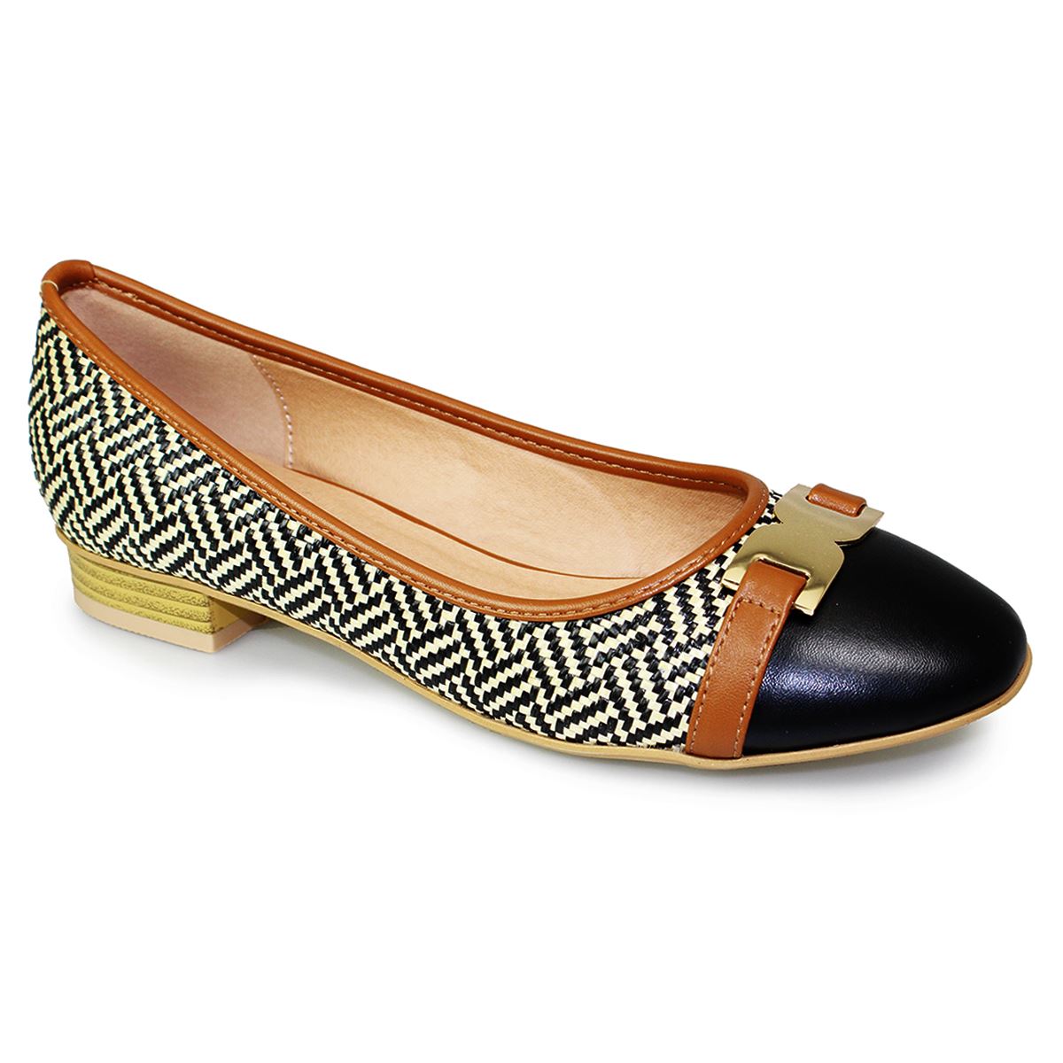 Ladies Interweave Low Heel Slip On Gold Buckle Two Tone Pumps Flats
