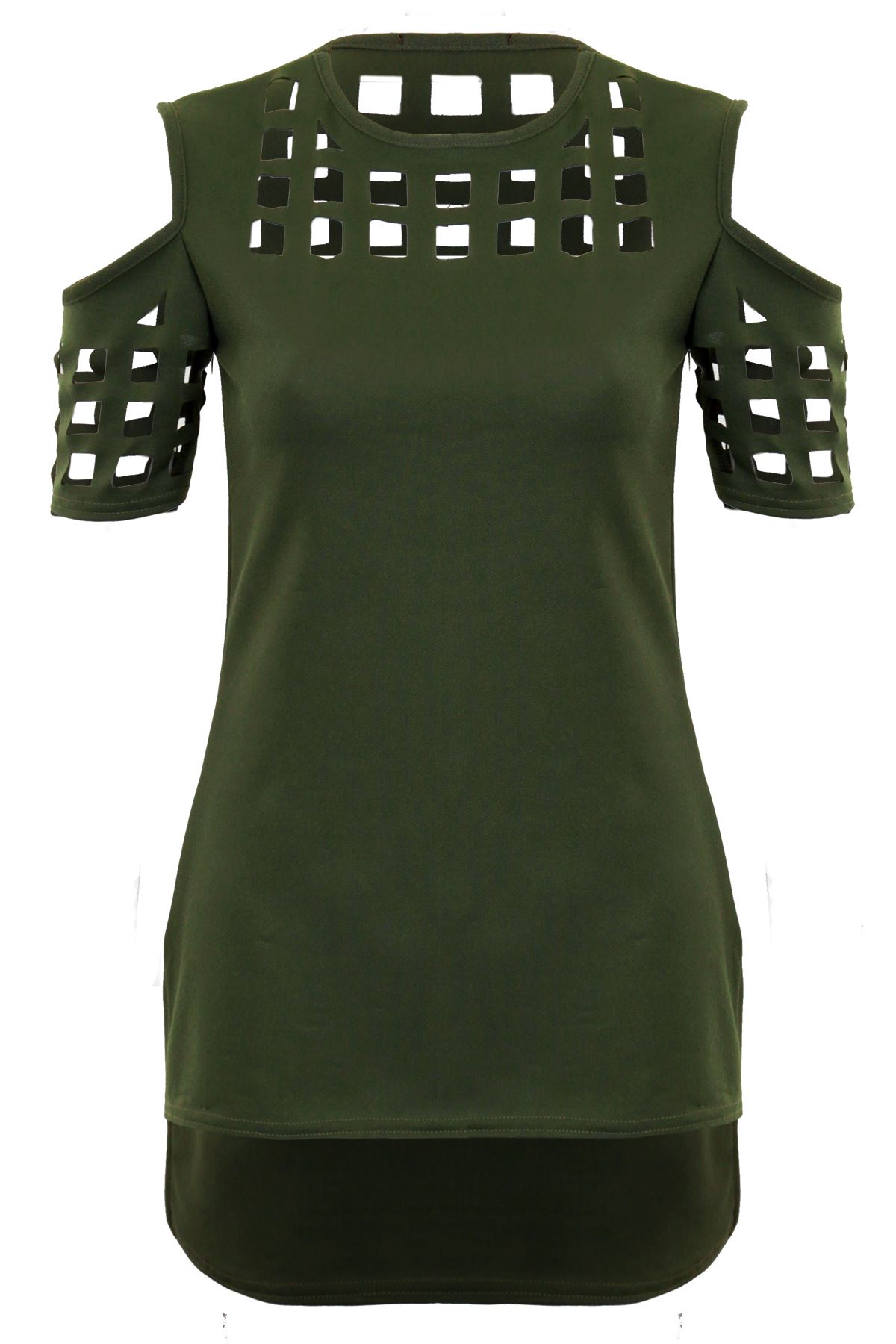 Womens Cold Shoulder High Low Caged Style Laser Cut Textured Mini Dress Tunic