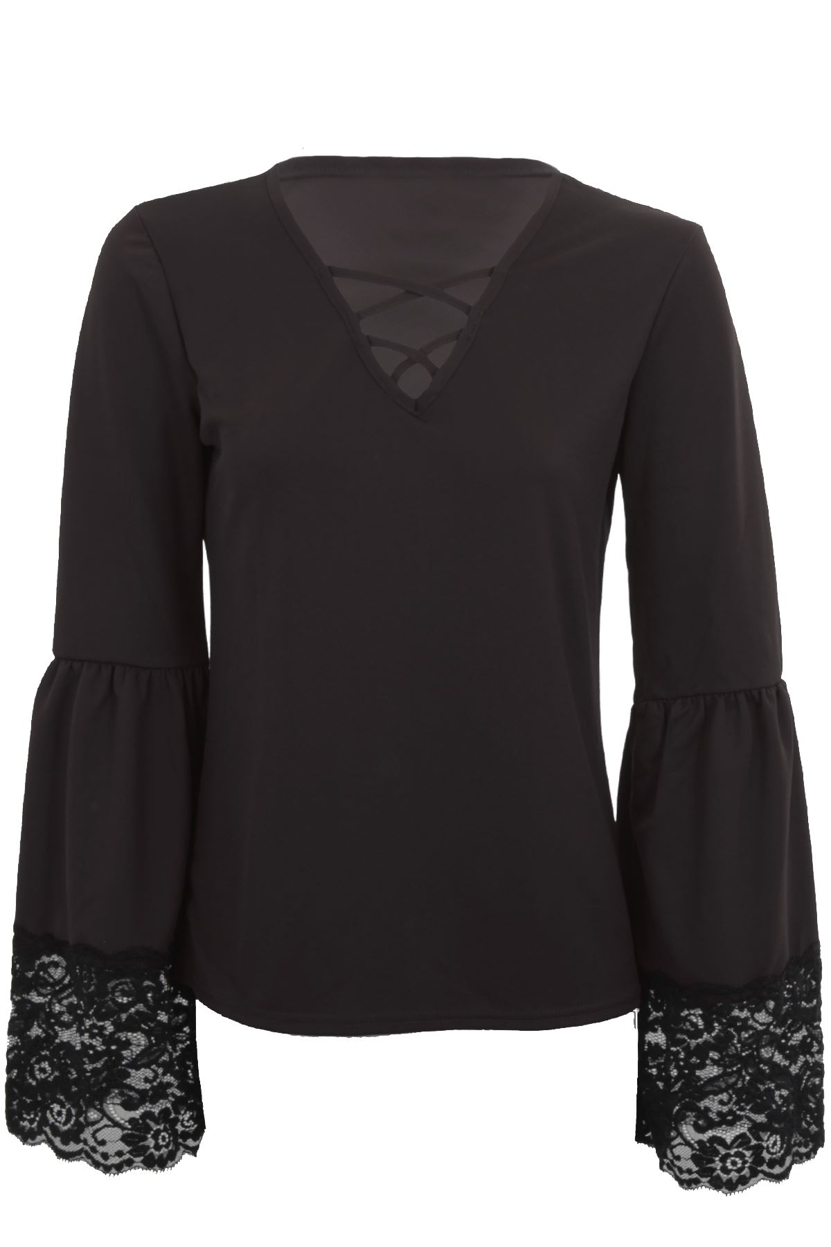 Bell Sleeve Lace Trim Criss Cross V Neck Crepe bell sleeve lace trim criss cross v neck crepe