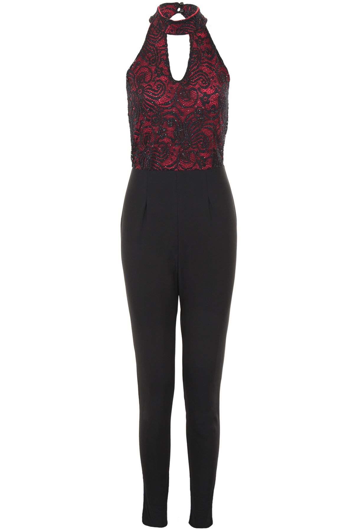 Ladies Halter Neck Plunge Sleeveless Glitter Lace Overlay Lurex Smart