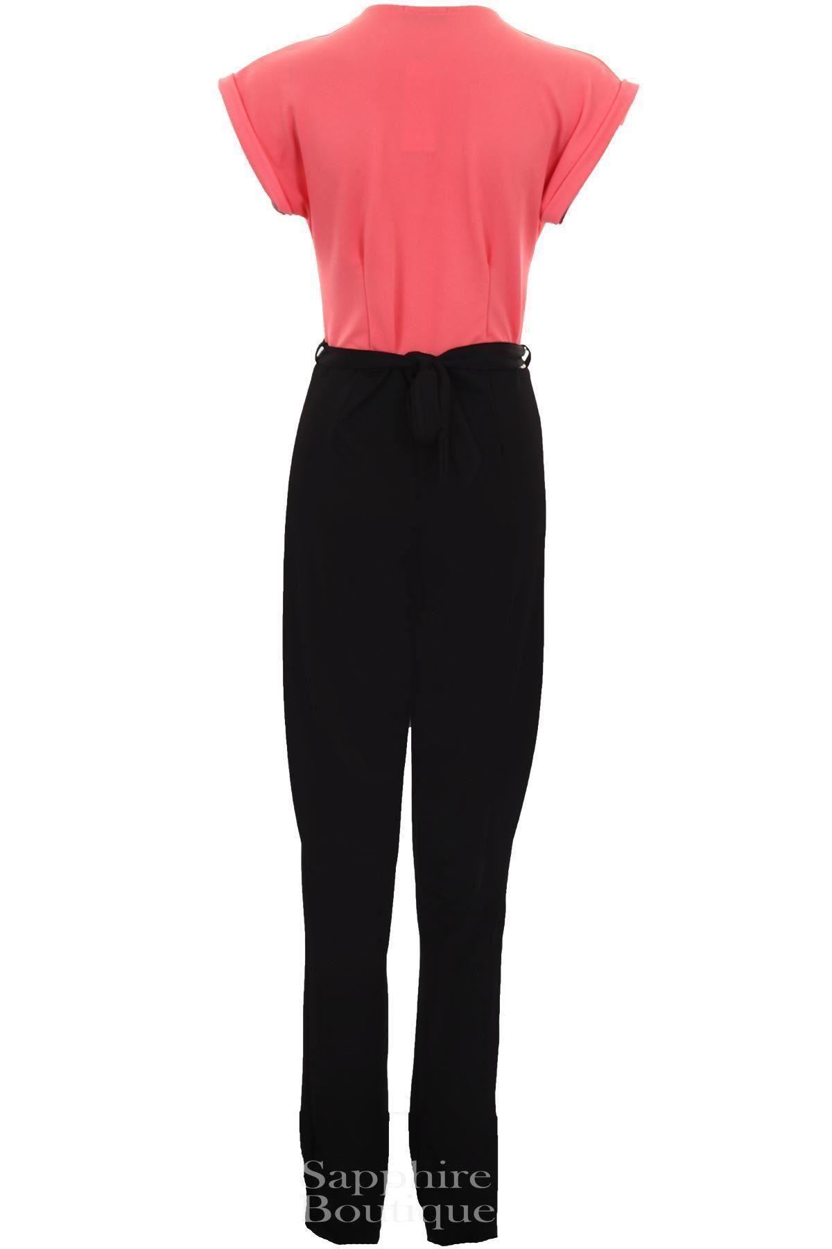 Women/'s Wrap Front Low V Neck Crepe Contrast Turn Up Cap Sleeve Ladies Jumpsuit