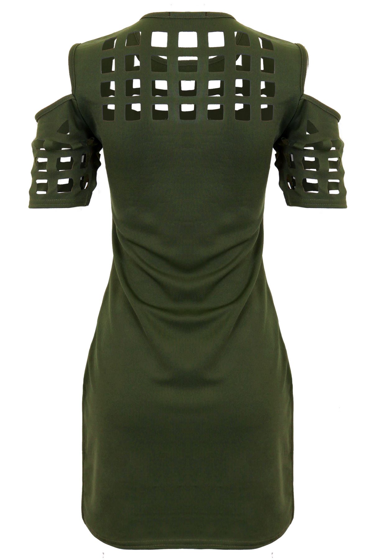Womens Cold Shoulder High Low Caged Style Laser Cut Textured Mini Dress Tunic