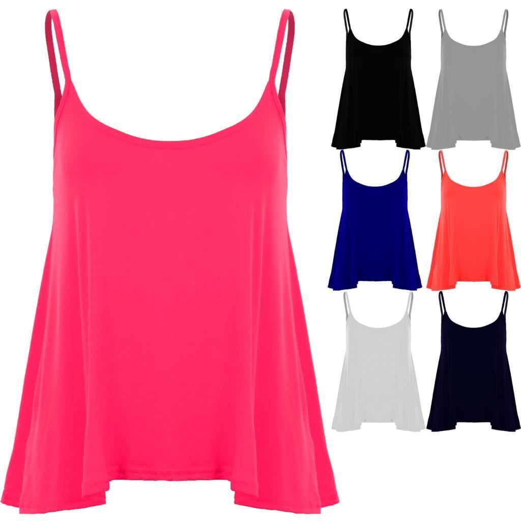 New Womens High Neck Plain Cami Vest Top Ladies Sleeveless Flared Swing Tank Top