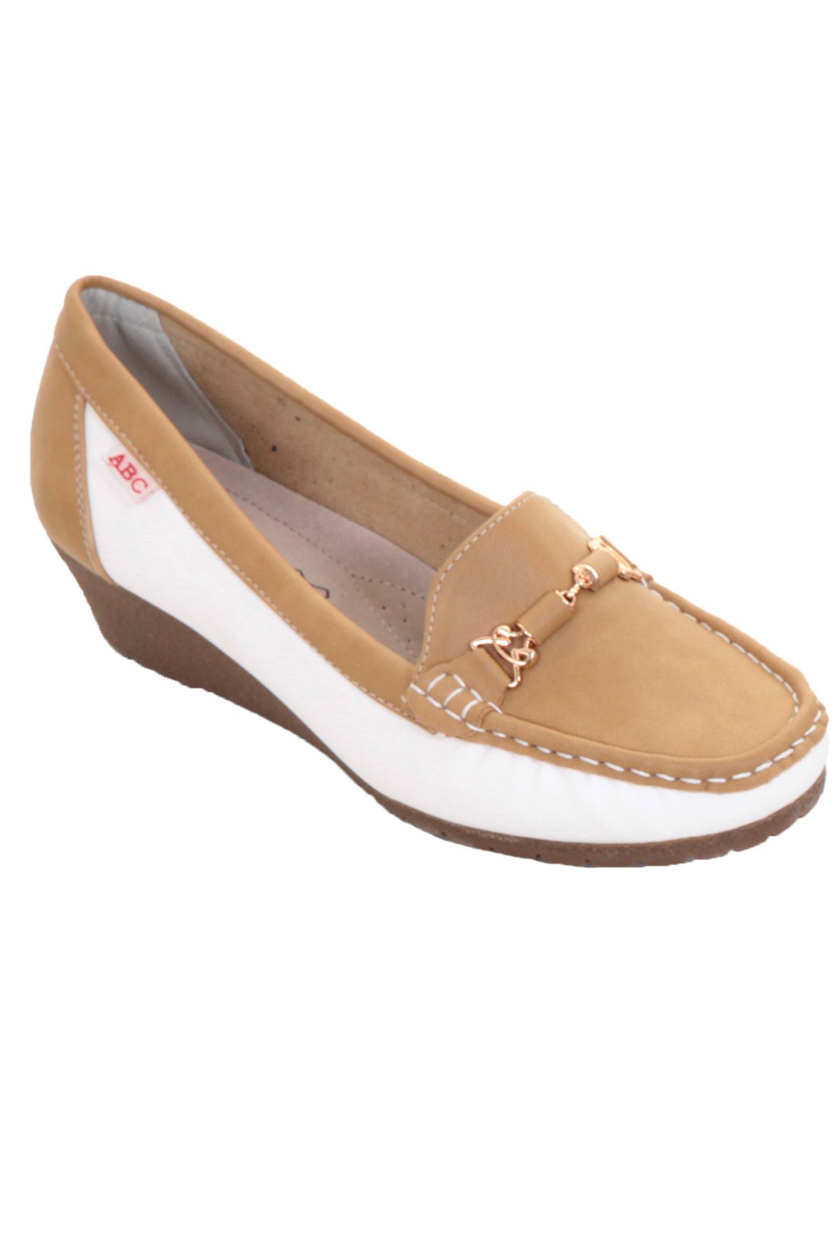 LADIES SLIP ON Moccasin Gold Chain Contrast Colour Small Wedge Loafer