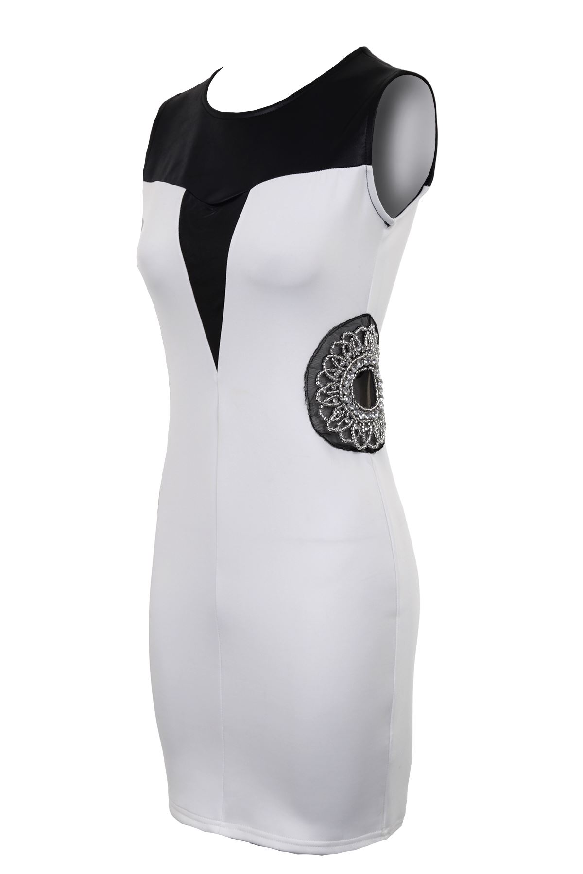 Ladies Sleeveless PVC Contrast Side Diamante Short Bodycon Women/'s Dress 8-14