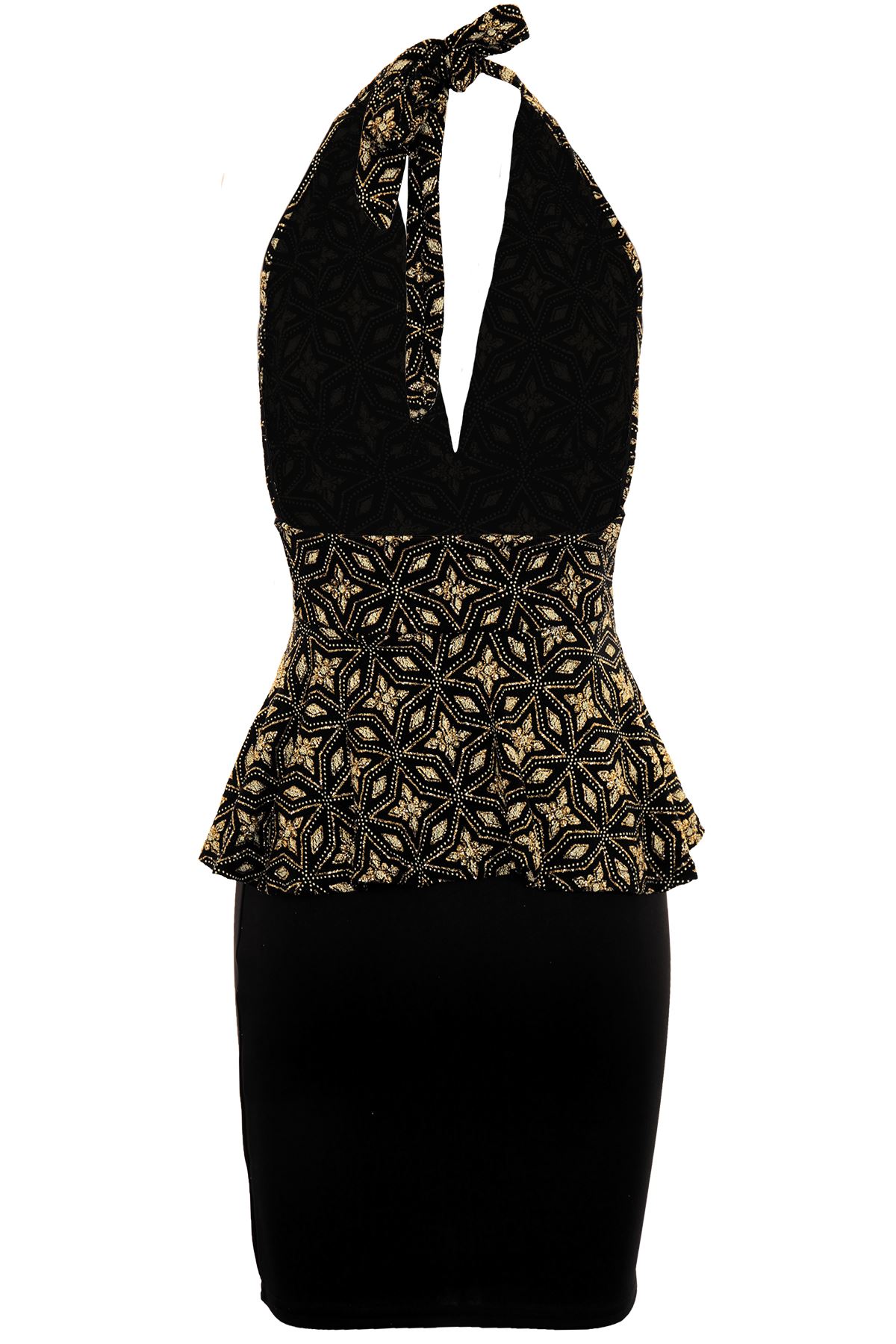 Details zu Damen Gold Glitzer V Tiefer Ausschnitt Neckholder Party Smart Kleid