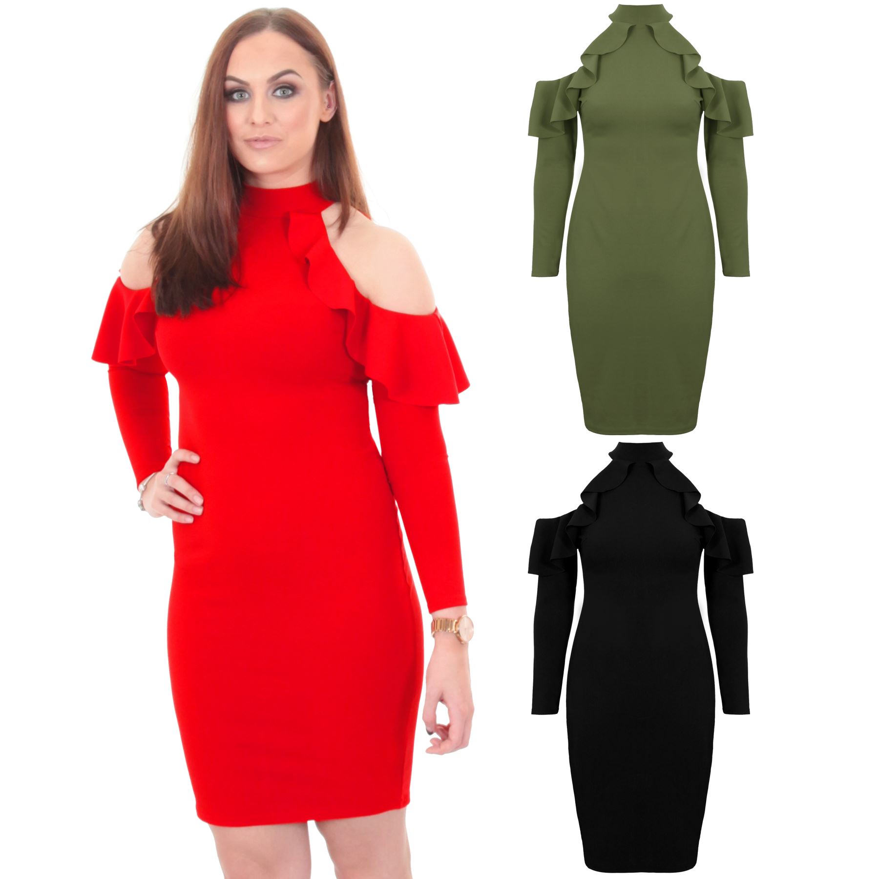 high neck off shoulder dress