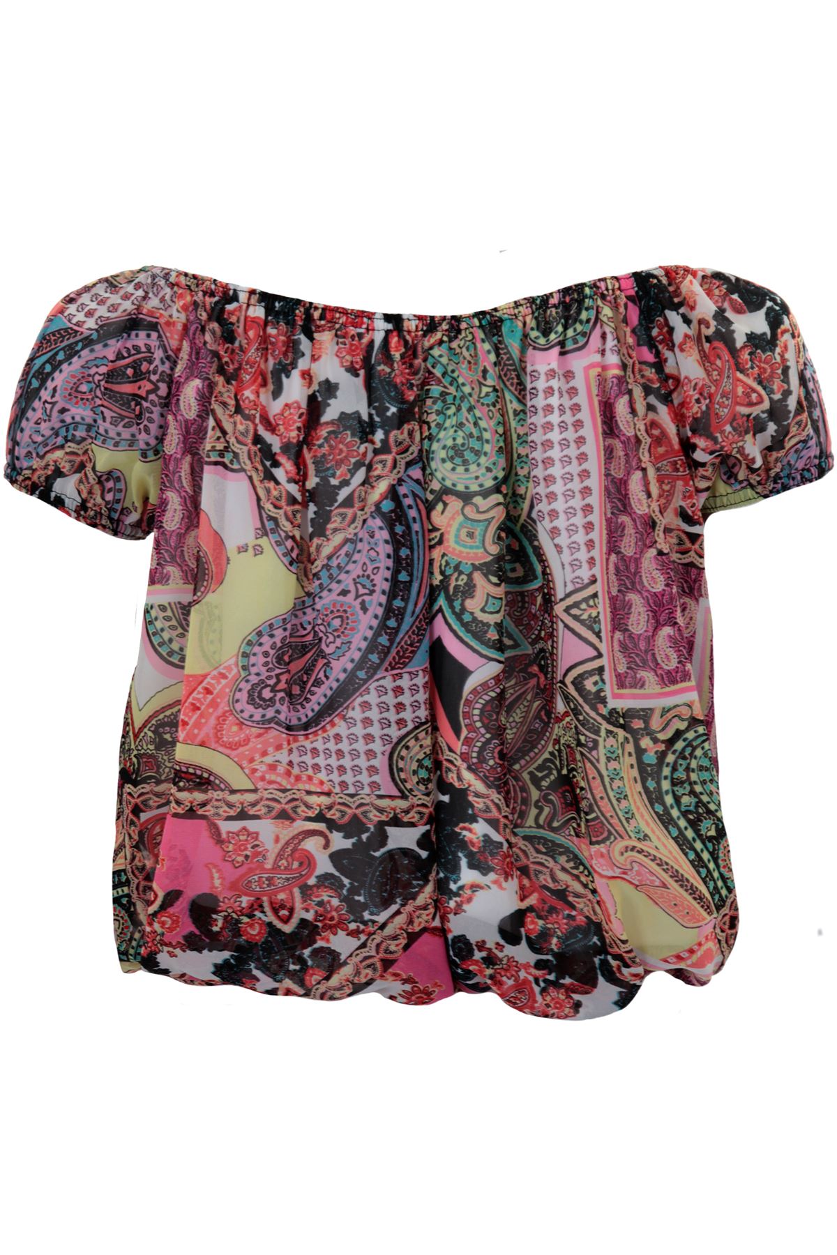 Ladies Multicolour Paisley Plain Chiffon Off Shoulder Semi Sheer Bardot Blouse
