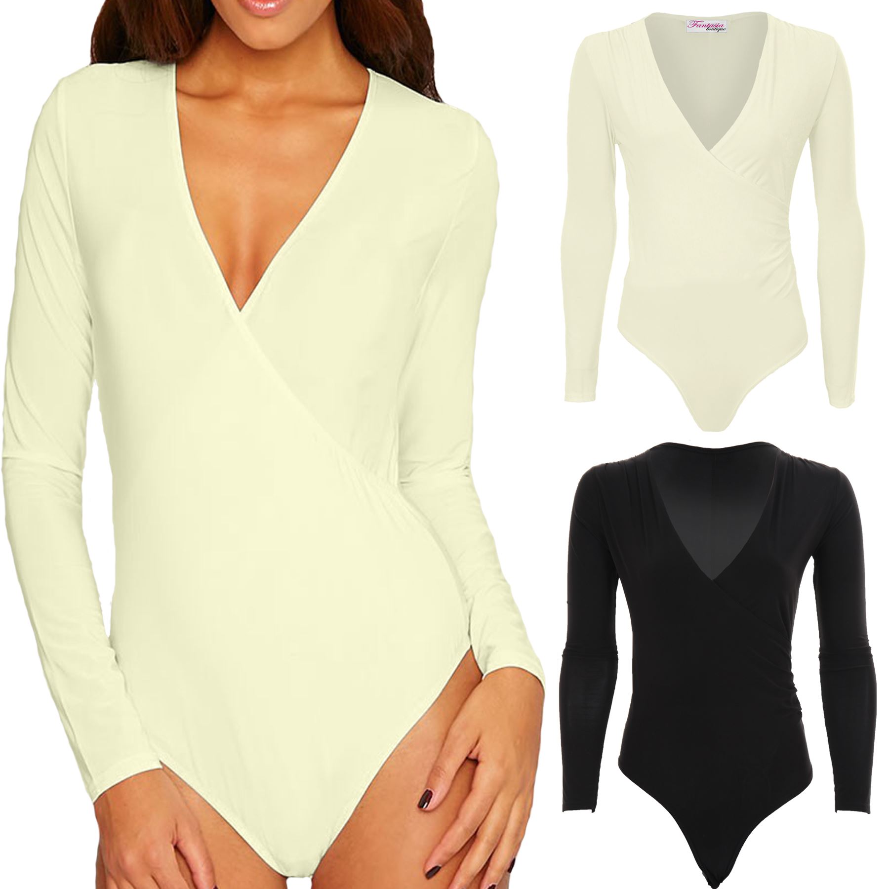 Womens V Neck Plunge Long Sleeve Basic Soft Slinky Wrap Bodysuit Leotard