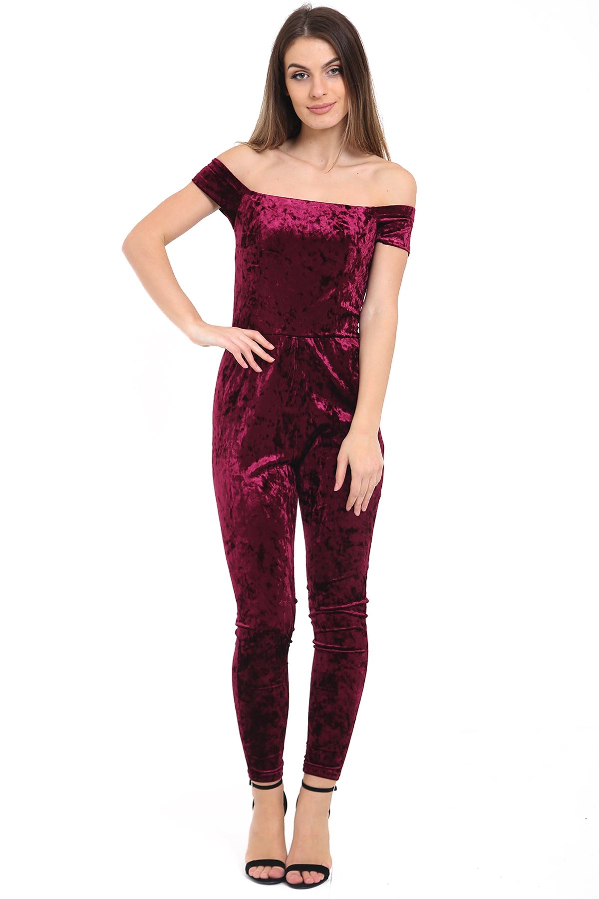 Ladies Crushed Velvet Velour Off Shoulder Stretch Bardot Plain Party