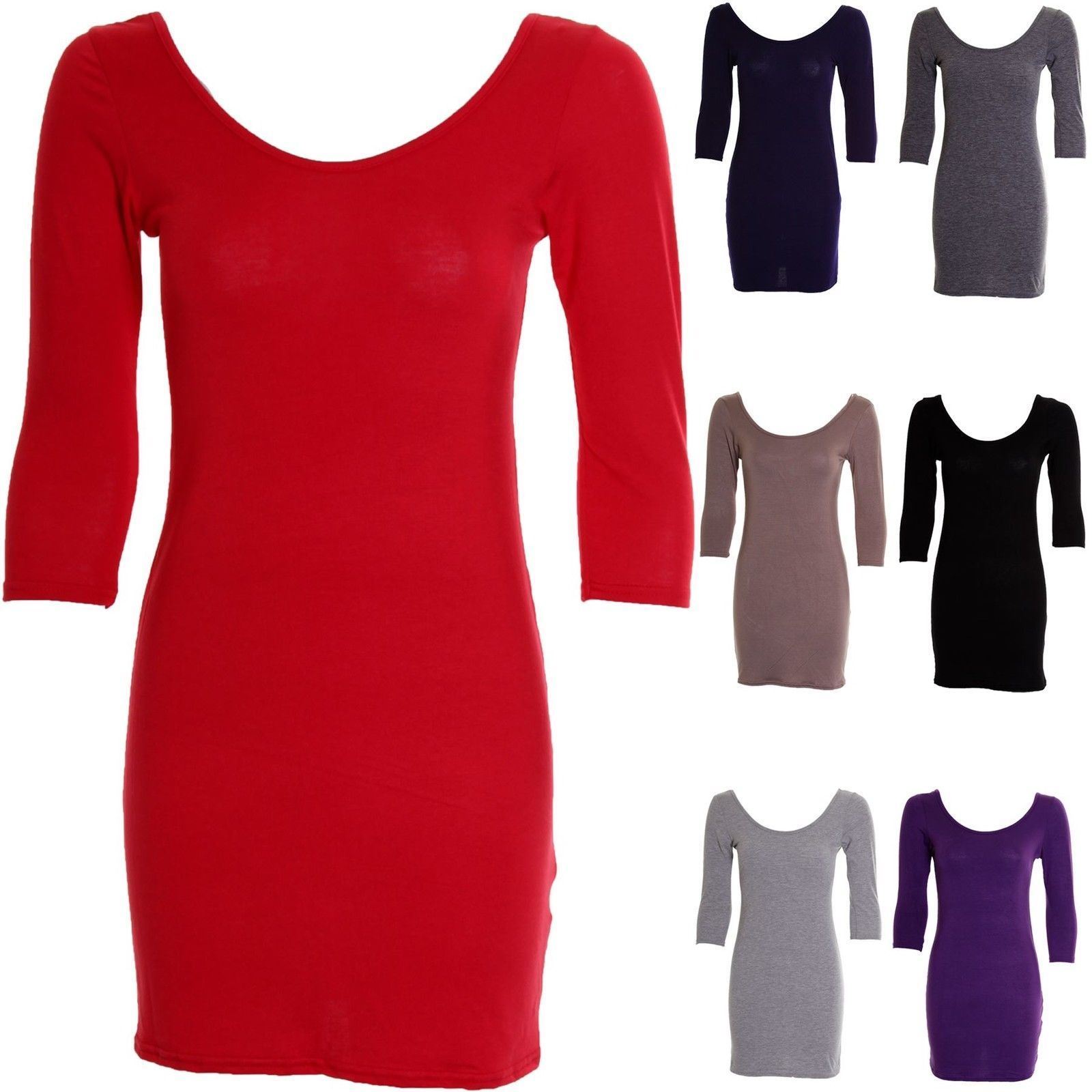 Da Donna Tinta Unita Stretch Mini Vestito Aderente Tunica Jersey Manica Lunga