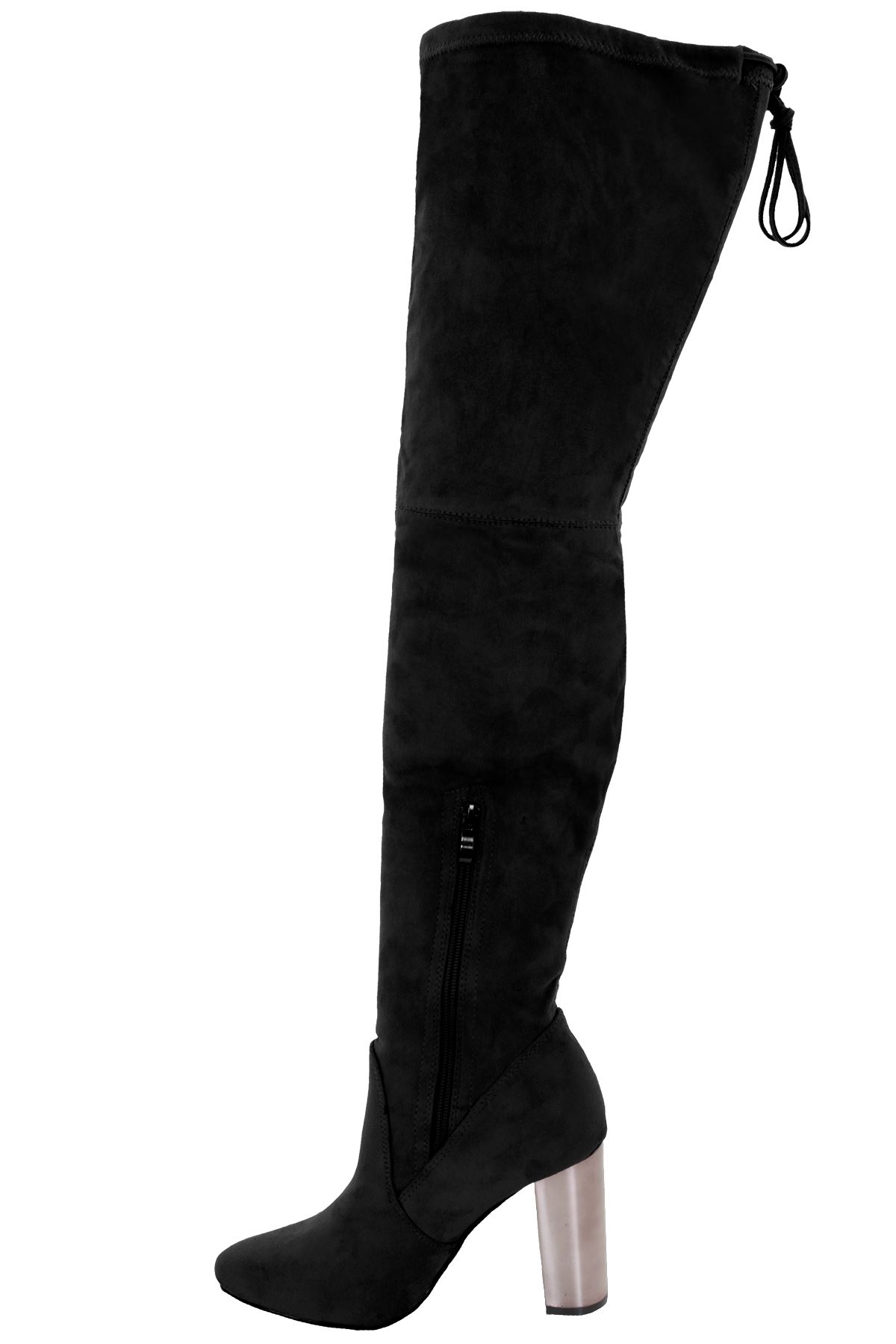 Ladies Thigh High Over The Knee Suede Chunky Block Metallic Shiny Heel