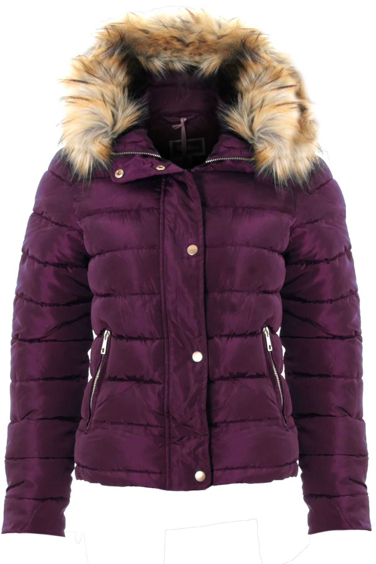 Womens Padded Detachable Fur Lined Hood Popper Zipper Puffer Jacket Quilted Coat eBay