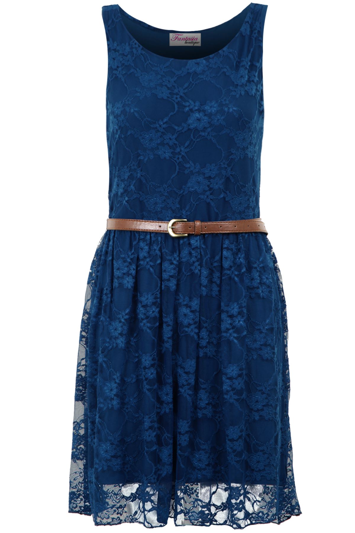 Ladies Celeb Franki Sleeveless Belted Mesh Lace Lined Floral Skater Party Dress